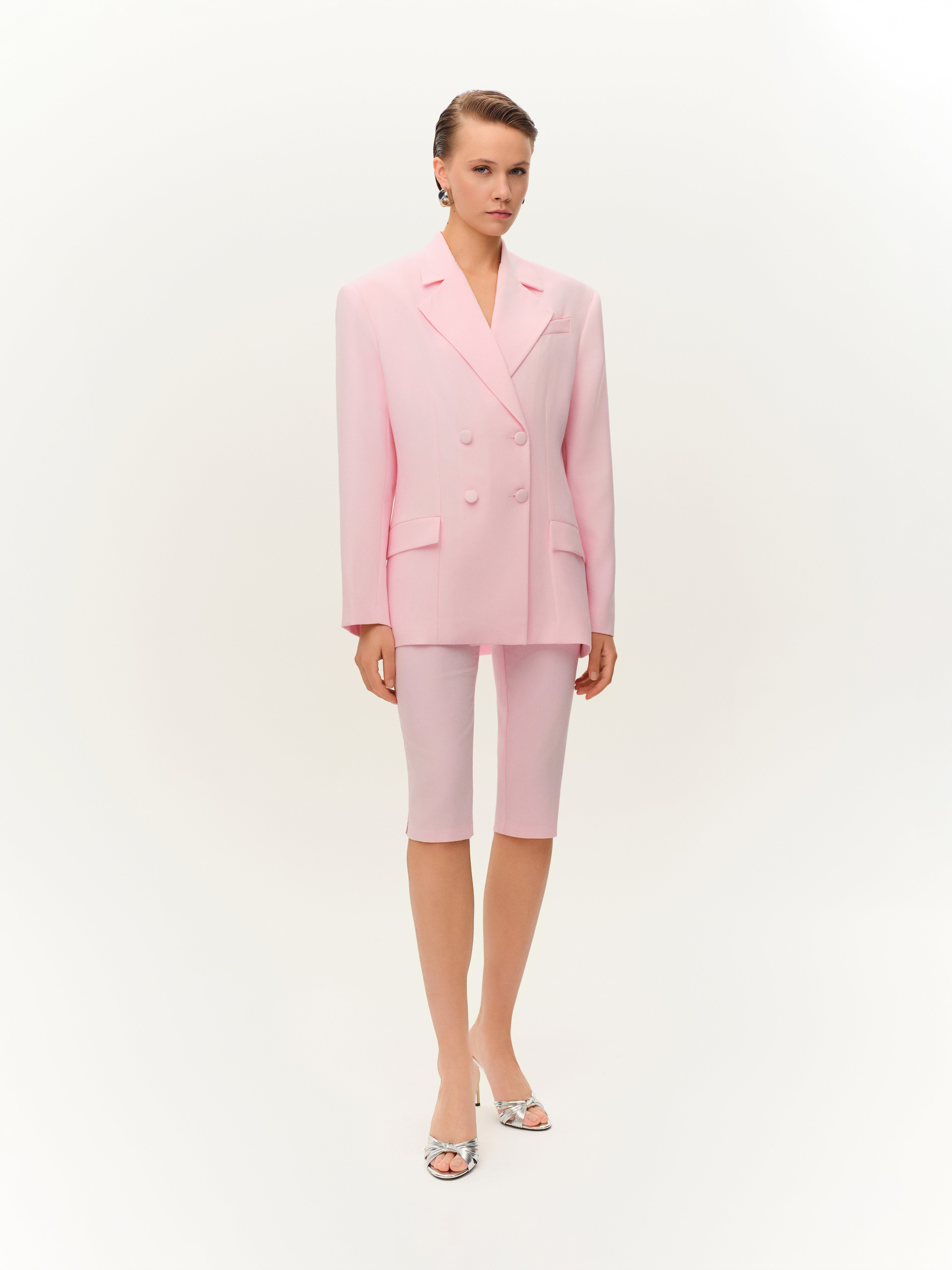 Pudra Pembe Kruvaze Ceket & Bermuda Takım görünüm 2 - Fe Silhouette