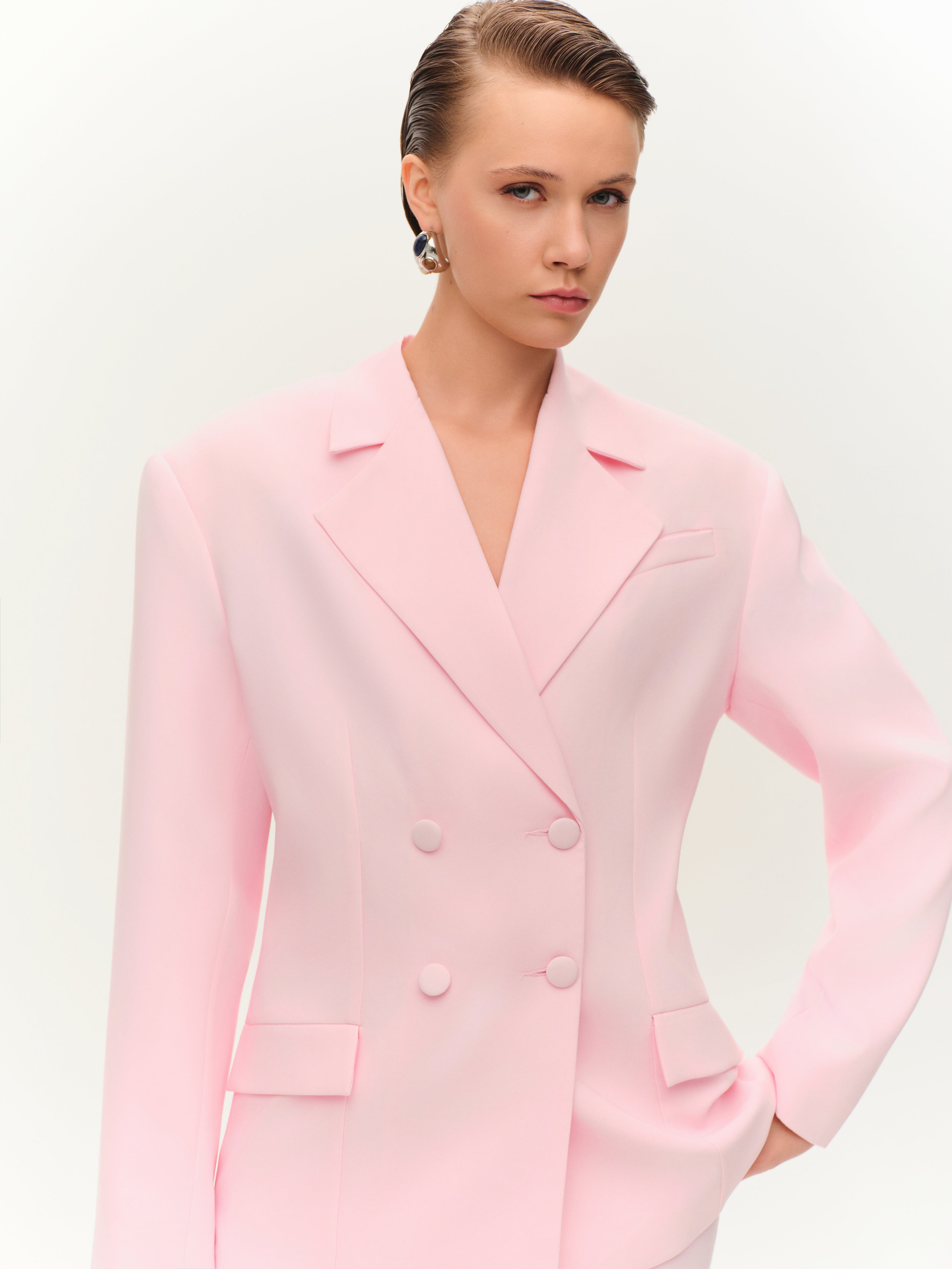 Pudra Pembe Kruvaze Ceket & Bermuda Takım