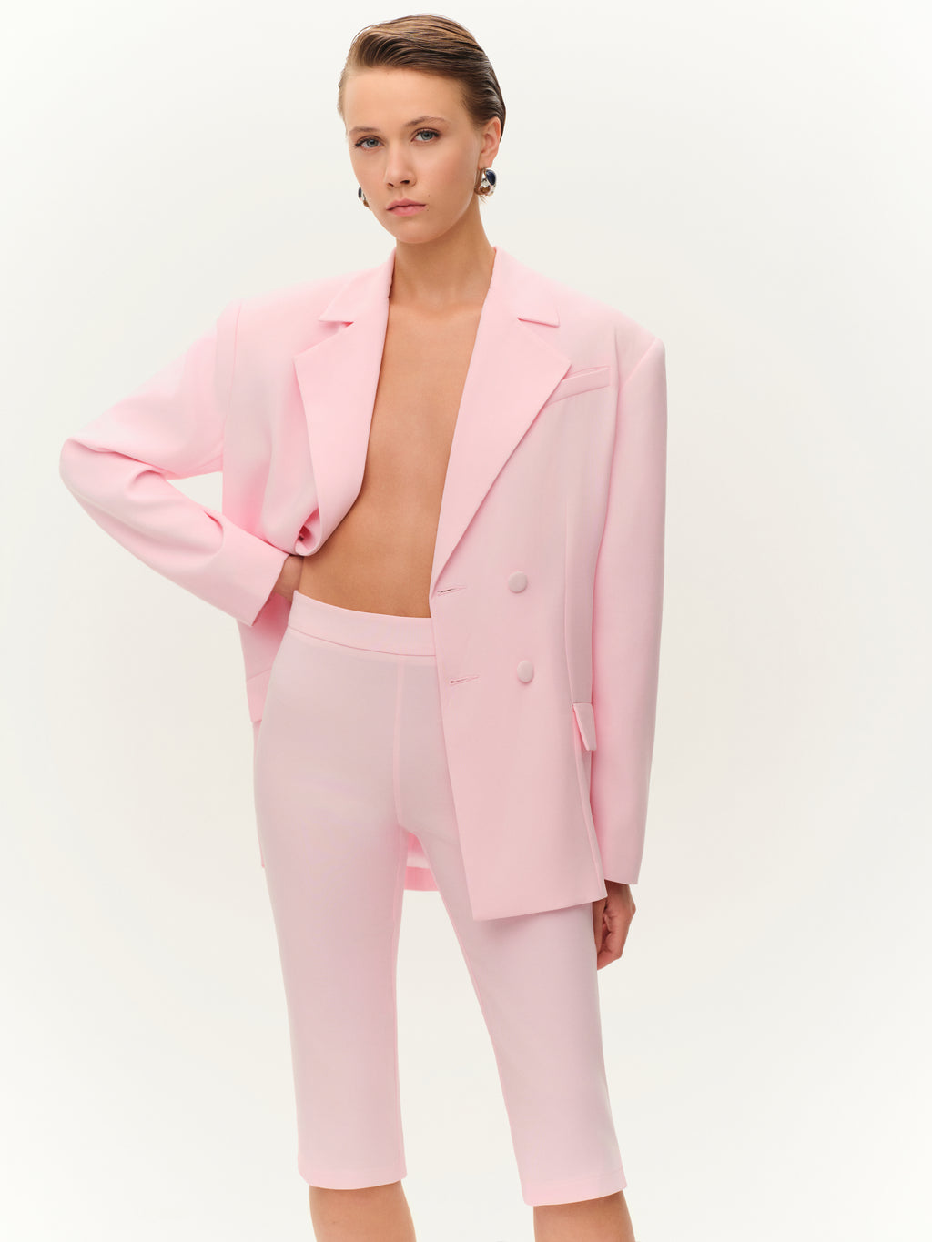 Pudra Pembe Kruvaze Ceket & Bermuda Takım