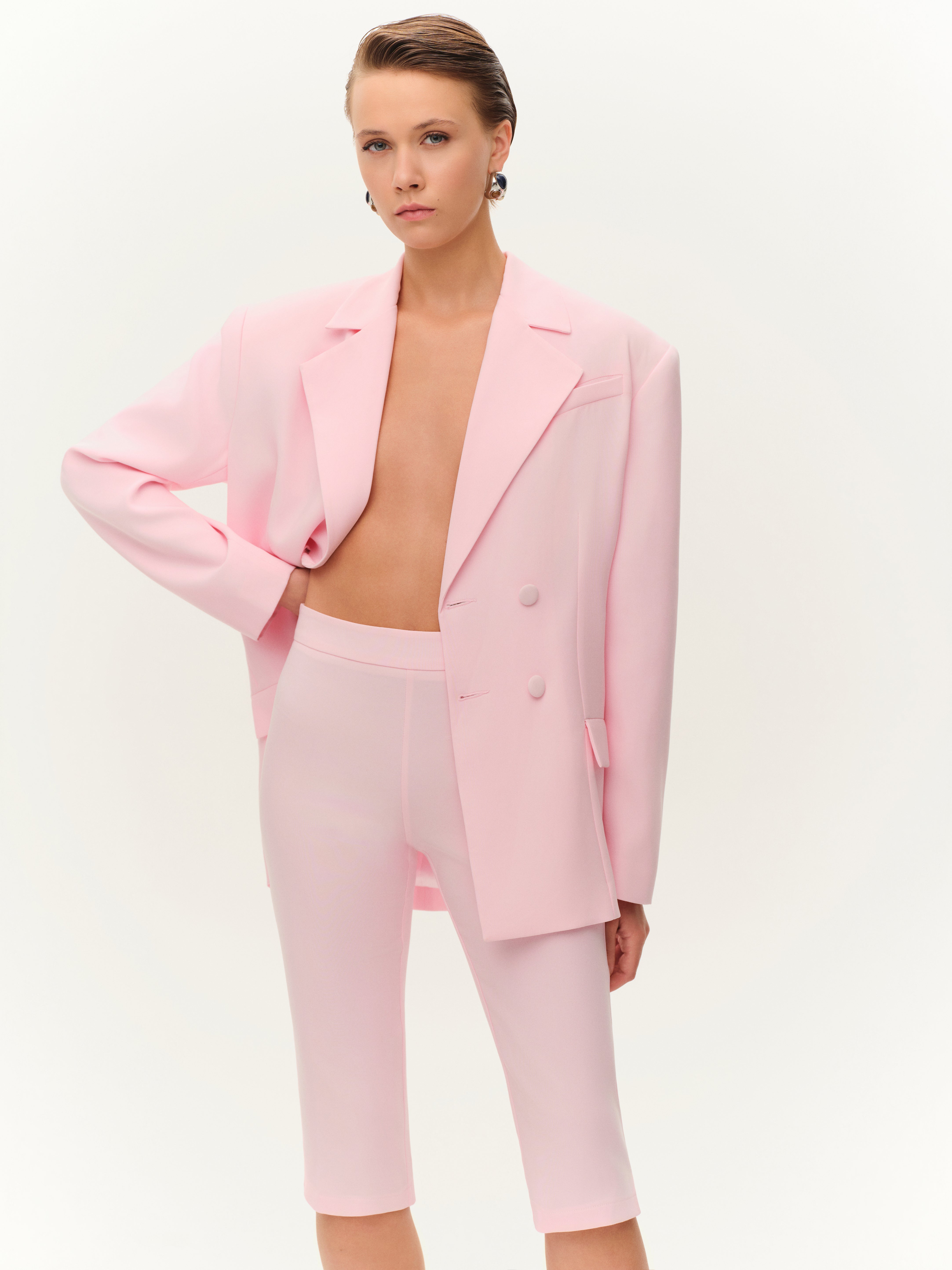 Pudra Pembe Kruvaze Ceket & Bermuda Takım görünüm 3 - Fe Silhouette