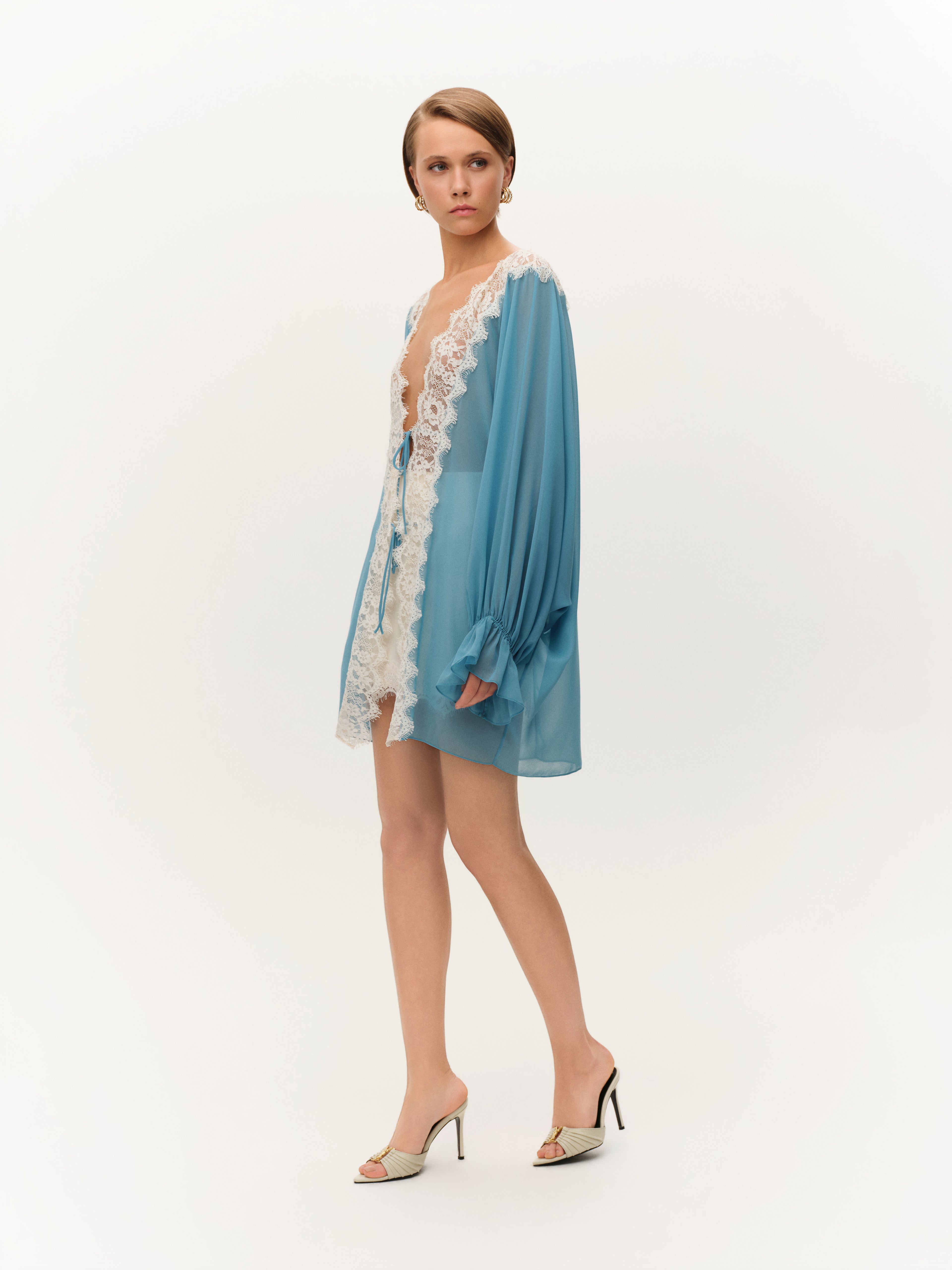 Turkuaz Dantel Detaylı Şifon Kimono Elbise