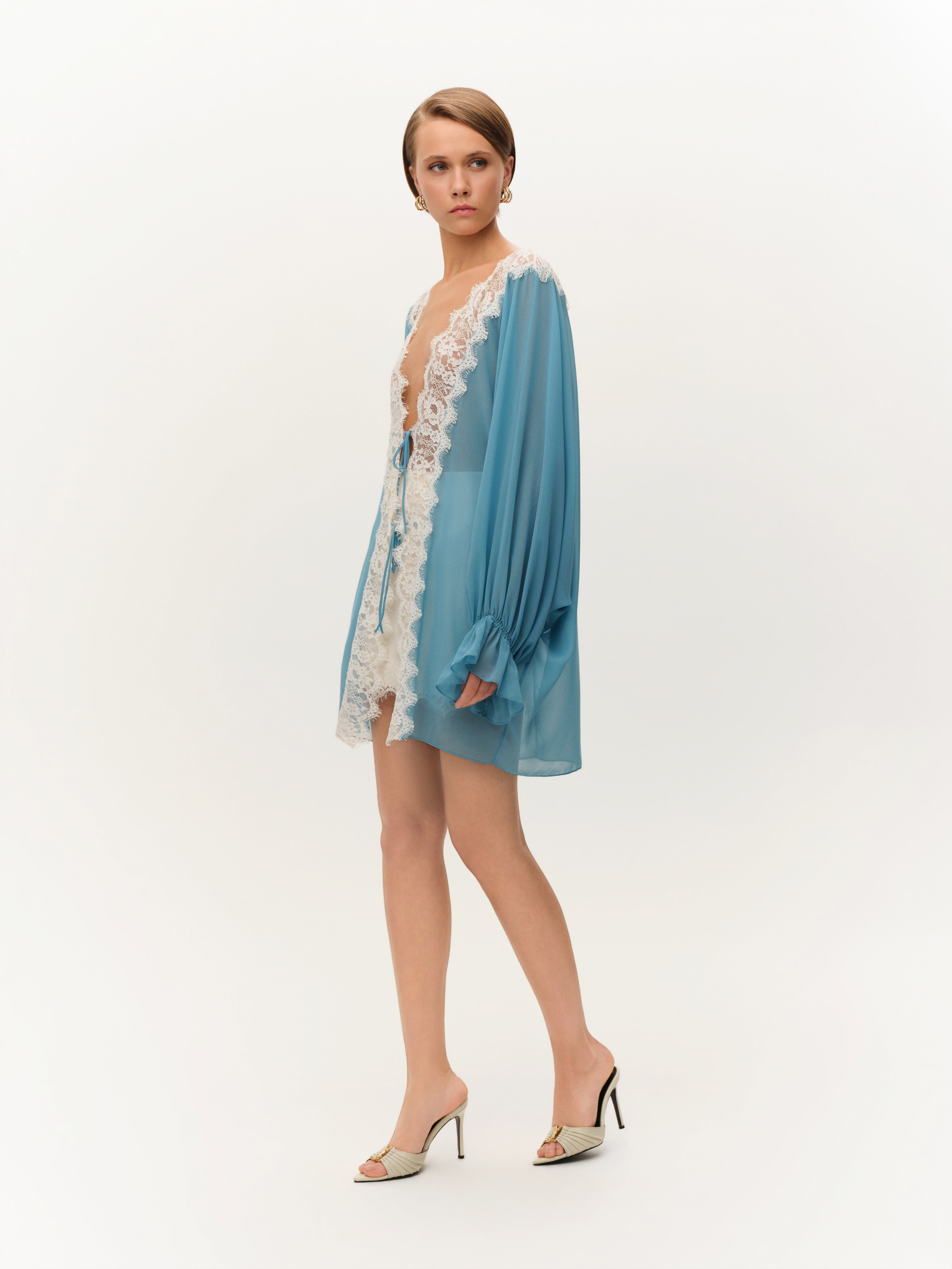 Turkuaz Dantel Detaylı Şifon Kimono Gömlek görünüm 4 - Fe Silhouette