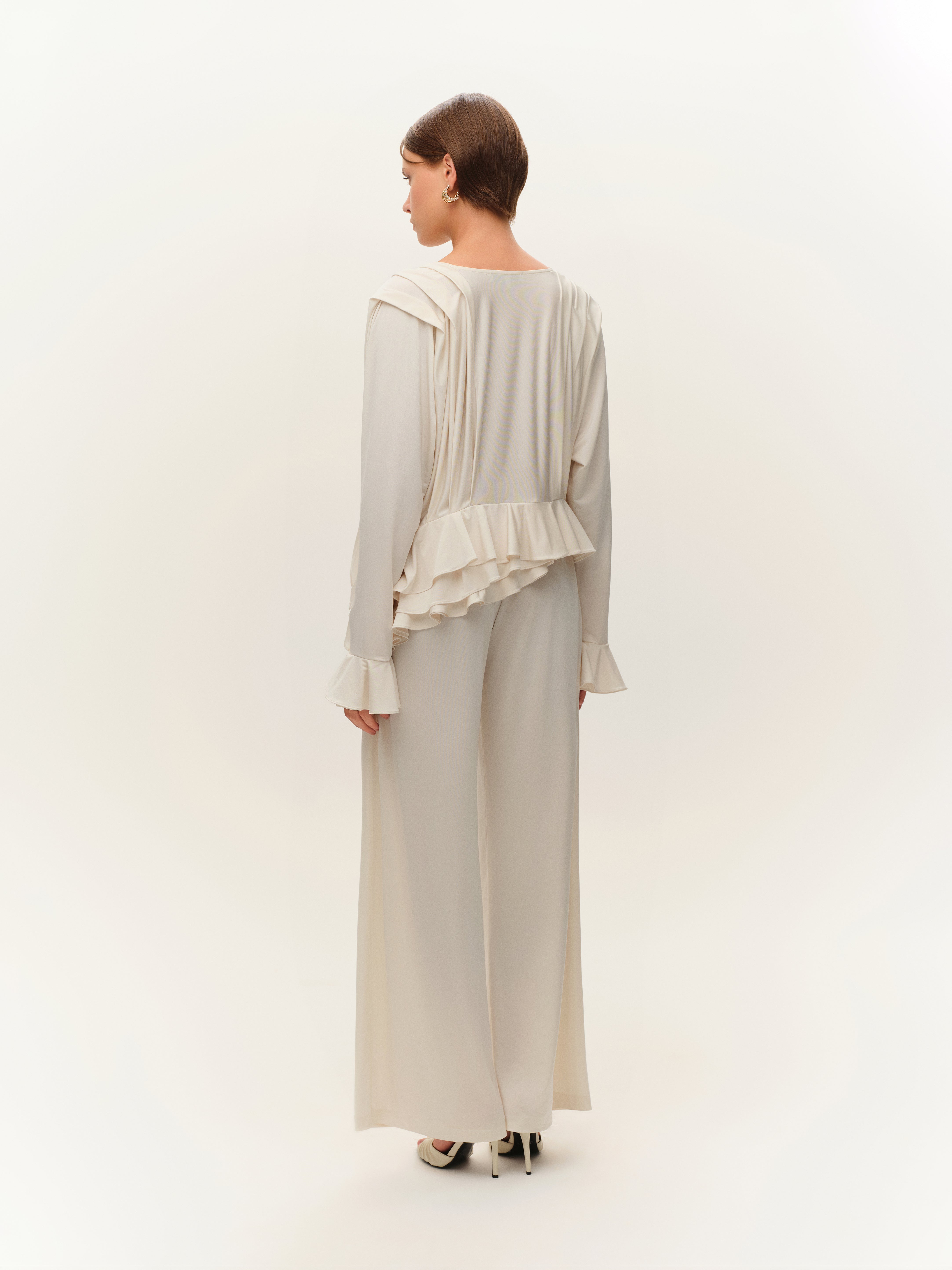 Krem Volan Detaylı Bluz & Pantolon Takım görünüm 5 - Fe Silhouette