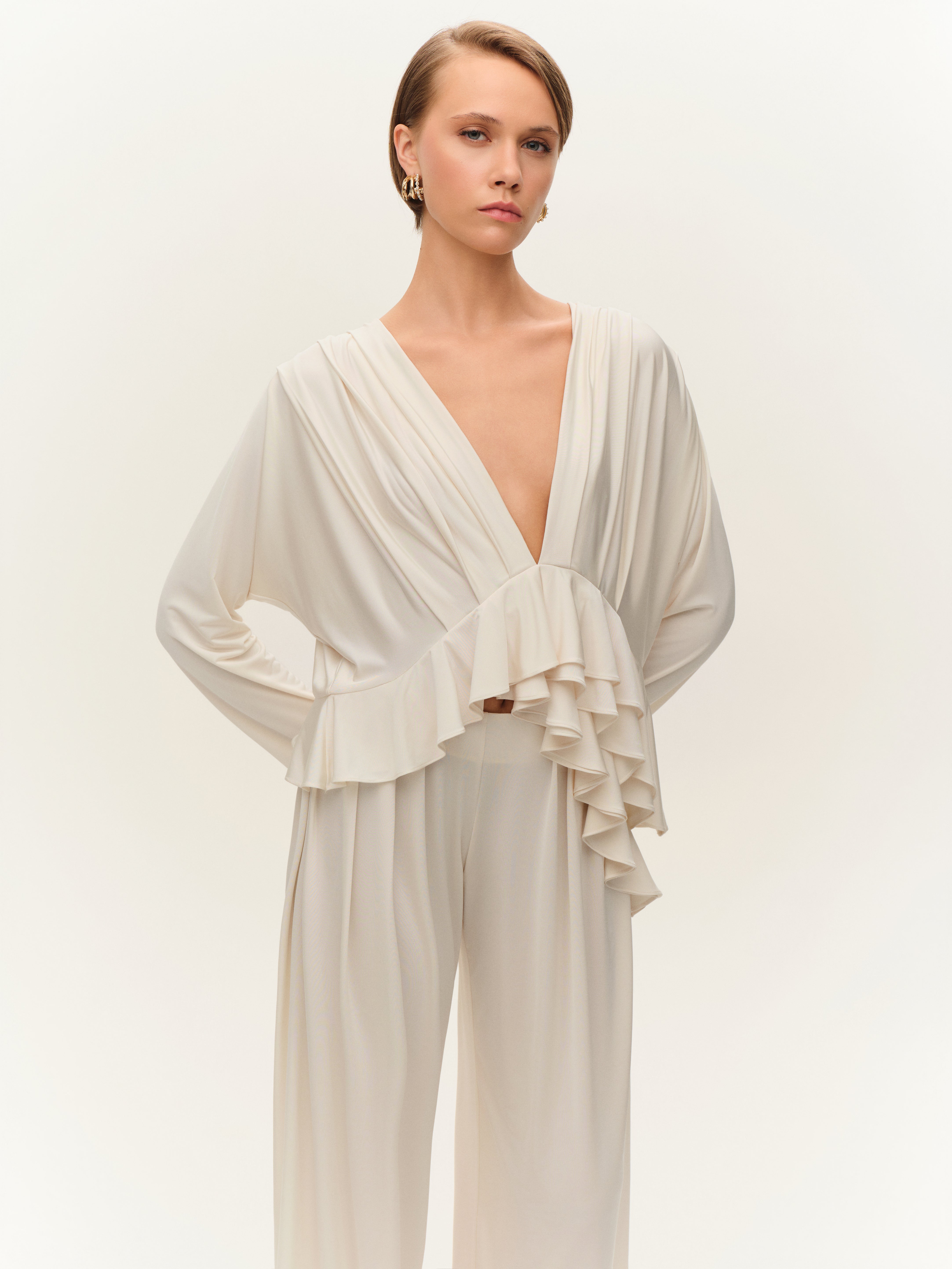 Krem Volan Detaylı Bluz & Pantolon Takım görünüm 4 - Fe Silhouette